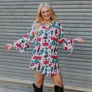 NWT White And Pink Howdy Button Down Tunic Dress